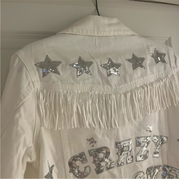 Show Me Your Mumu CRAZY IN LOVE White Fringe Tassel Embellished Denim Jacket - Picture 6 of 9